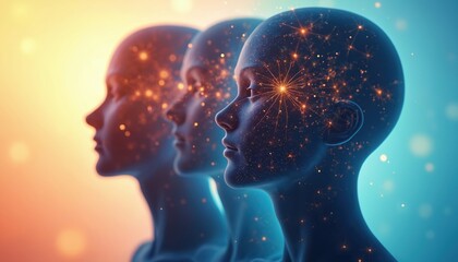 Three abstract human heads show bright neural network connections inside. Digital brains symbolize thought process, innovation, creativity, future tech development, progress. Minds linked, processing