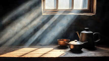 Sunlit rustic kitchen table with vintage cookware, warm light and dust motes creating peaceful atmosphere