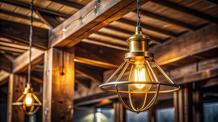 Golden light fixture hanging from dark wooden beam