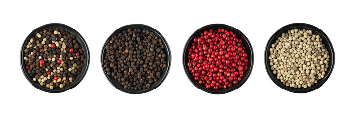 Dried mixed pepper berries, black, pink and white peppercorns in dark bowls isolated on white background. Aromatic spicy ingredient for cuisine.