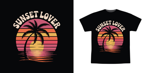 Sunset Lover Retro Palm Tree Beach Vintage Illustration