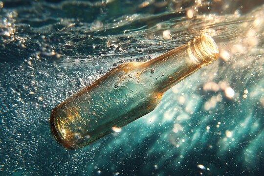 Sunlit beer bottle floating underwater, mesmerizing aquatic scene with bubbles and clear water, evokes tranquility and environmental themes