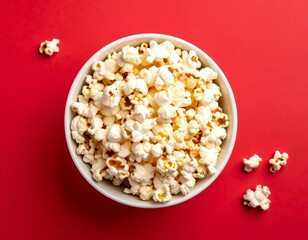 Bowl of popped corn on a vibrant red background, viewed from above, snack time