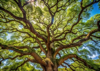 Fototapeta premium A large tree with a sprawling canopy and gnarled branches stretching towards the sky