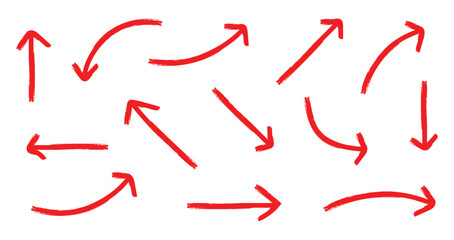 Red Hand Drawn Arrows Collection. Hand drawn pencil marker doodle arrow set brush line, curved direction pen style.