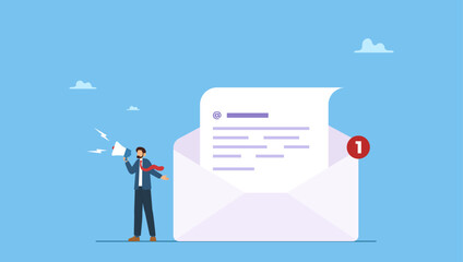 Businessman standing beside an email envelope announcing promotion through megaphone. Email marketing, CRM, subscription on web and sending email newsletter for discount or promotion information.