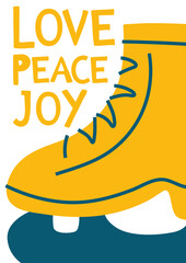 Minimalist holiday greeting card with Love Peace Joy text and a yellow ice skate