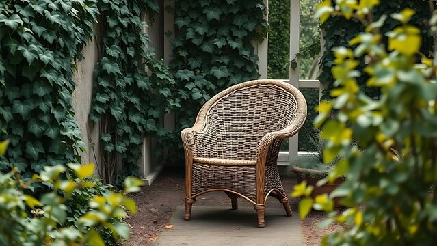 oligarchy. Wicker armchair nestled in a garden surrounded by ivy vines and soft natural light. real-estate listings.