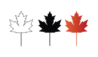 Maple Leaf Evolution: A stylized depiction of a maple leaf in three different phases—outline, solid black, and gradient red—showcasing a modern minimalist design, perfect for concepts like growth.