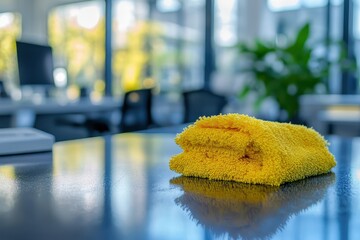 Janitor maintaining office desk cleanliness with hygiene practices using a yellow towel in a modern workspace