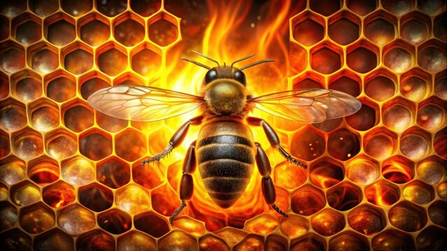 Fiery bee amidst a vibrant swarm within an intricate honeycomb structure on a warm abstract hexagonal background