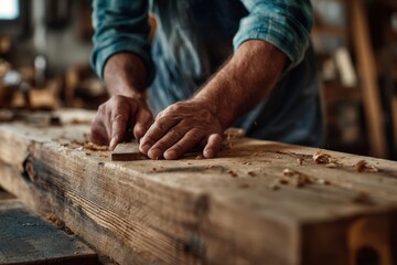 Skilled craftsman working on a wooden plank in a workshop crafting fine furniture