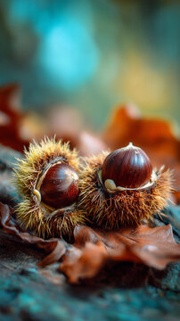 Fresh Chestnuts on Tree Bark with Autumn Colors and Blue Background