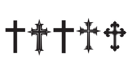 Variety of ornate black christian crosses in a row on transparent background silhouette