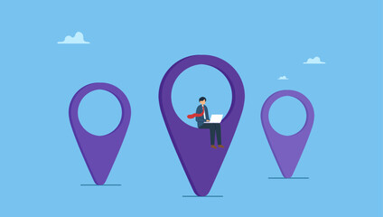 Businessman working remotely with computer laptop on location map pin. Remote job or distance work, virtual office or working anywhere, freelancer or online office, oversea employee.