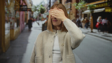 Fototapeta premium Woman with hand over mouth and eyes standing on urban street, expressing surprise, with buildings lining the bustling city scene in the background.