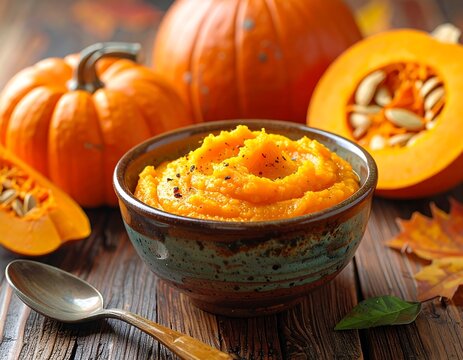 Bowl of pumpkin puree on wood table with pumpkins and autumn leaves in background