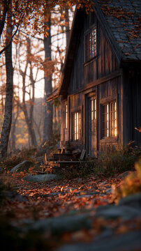 Wooden Cabin Among Autumn Trees in Morning Light