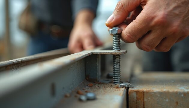 Person tightens nut on bolt holding metal structures. Manual worker uses hand to fix screw on framework. Construction worker assembles steel component with precision in construction plant.