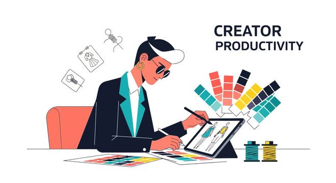 A Fashion Designer Working On Contemporary Designs Using Digital Tools and Modern Color Palettes - Powered by Adobe