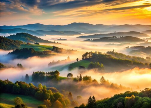 Softly glowing mist rises from valleys and hills