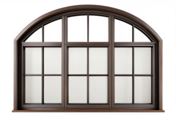 Arched brown window with divided glass isolated on transparent background