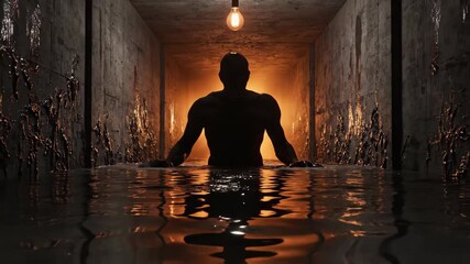 Man silhouette in dark corridor with water. Trapped monster in scary cave for horror video games, abstract animation.