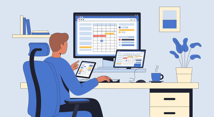 A Person Organizing Tasks And Schedules On Multiple Devices At A Workplace