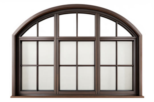 Arched brown window with divided glass isolated on transparent background