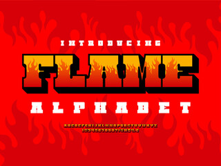 fire style alphabet design with uppercase, numbers and symbols
