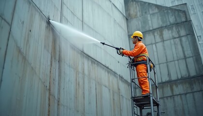 Man in orange uniform, yellow hard hat cleans industrial building facade with water spray gun from scaffolding. Worker maintains exterior of large metal wall with high pressure water jet.