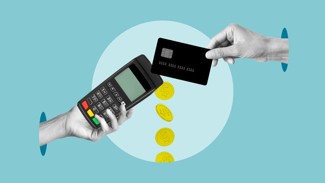 Hands hold POS terminal contactless payment credit card transaction. A wireless payment transaction using a bank card and electronic banking technology
