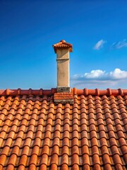 Rustic red roof tiles with chimney against a blue sky background