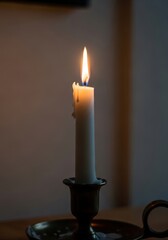 Flickering Candle in Holder Illuminates Softly in Dim Ambient Light for Tranquil Atmosphere