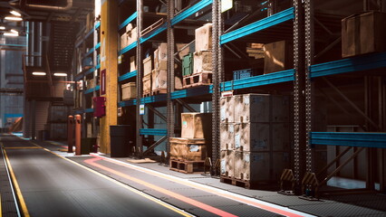 In a spacious warehouse, tall shelves hold numerous crates arranged neatly. Bright lights illuminate the area, highlighting the organized chaos of industrial storage.