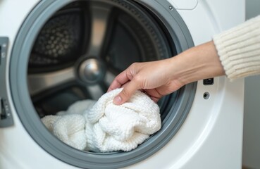 Person loads white laundry into front loading washing machine drum. Close up of hand placing clothes inside appliance for cleaning. Domestic chore interior shot.