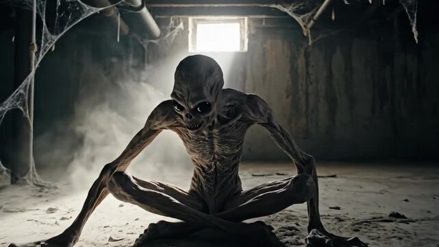 Terrifying alien creature in a dark, dusty basement filled with spiderwebs and smoke. Scary monster from another world concept. Horror footage.