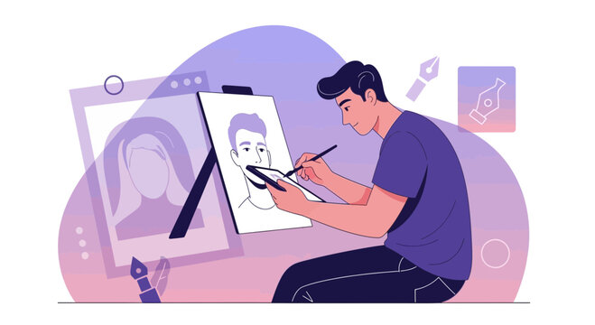 Artist Drawing Portrait: Digital Illustration of Creative Process and Design Elements