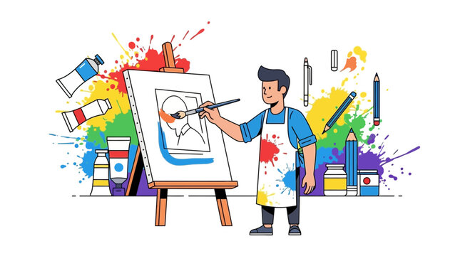 Artist Painting Conceptual Work On Canvas With Paint Splashes And Art Supplies Colorful