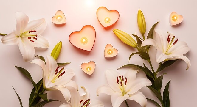 Romantic Composition of Heart Shaped Candles and Elegant White Lilies Perfect for Valentine s Day or Sympathy