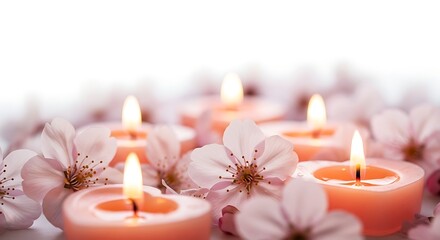Soft Glow Romantic Candles Surrounded by Delicate Cherry Blossoms Serenity and Spa
