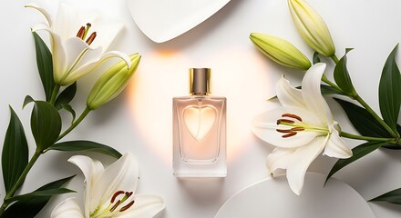 Elegant Perfume Bottle with Lilies Beauty Fragrance and Floral Composition