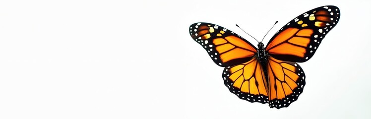 Fototapeta premium Vibrant monarch butterfly spreads large orange wings. Intricate black patterns, white dots visible. Beautiful insect flies against clean, plain white background. Wildlife creature represents nature,