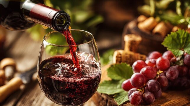 Red wine being poured into a glass with grapes and wine corks in the background