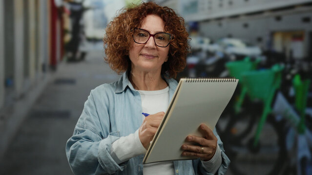 Woman writing on notebook in city street outdoor middle age brunette hispanic focused casual urban daytime scene pen glasses