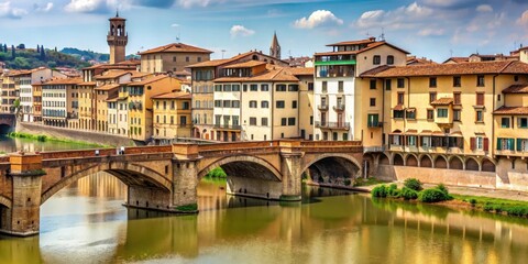 Fototapeta premium Old stone bridge spanning Arno River in Florence Italy with rooftops and terracotta tiles