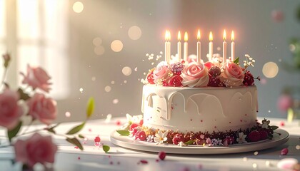 Photo-realistic birthday cake with beautiful white cream and pink rose decoration, featuring magical light and bokeh effects
