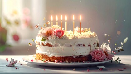 Photo-realistic birthday cake with beautiful white cream and pink rose decoration, featuring magical light and bokeh effects