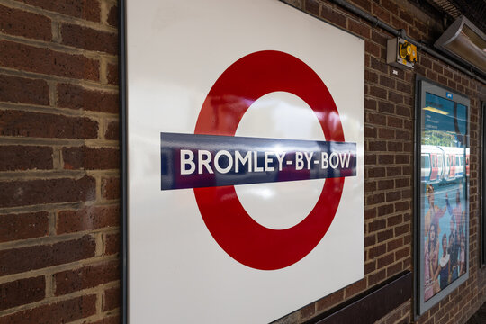 Bromley By Bow Station Underground sign and roundel. London, UK, 19 August 2023