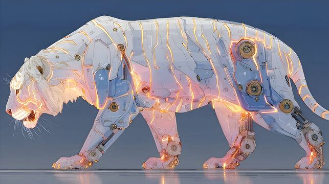Mechanical Tiger Walking White Blue Robotic Animal Artificial Intelligence